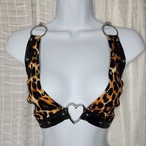 NWT leopard print Heart O-ring Studded W/ Chains backless crop halter top SZXL